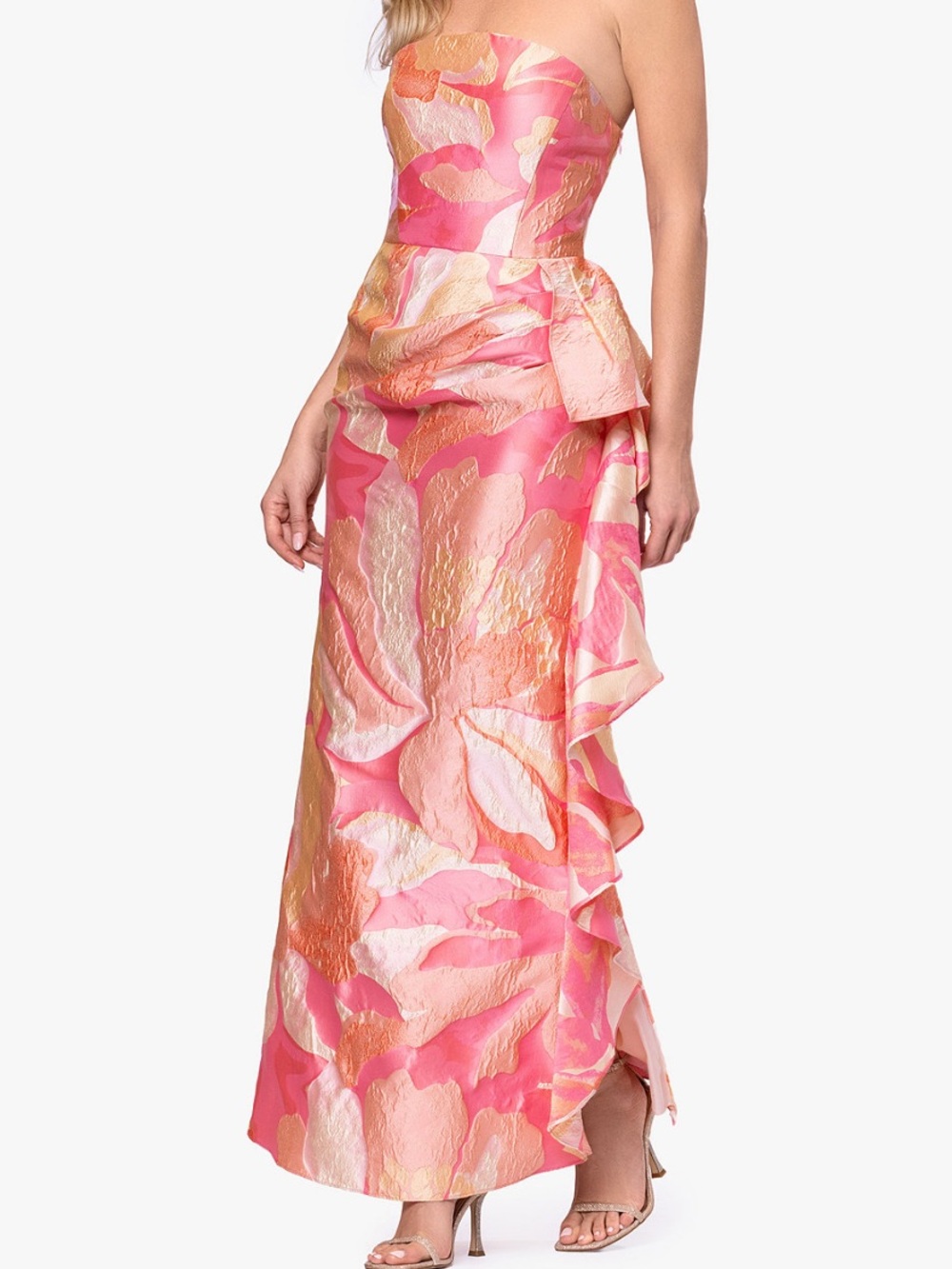 Betsy & Adam Strapless Pink and Gold Floral Jacquard Gown